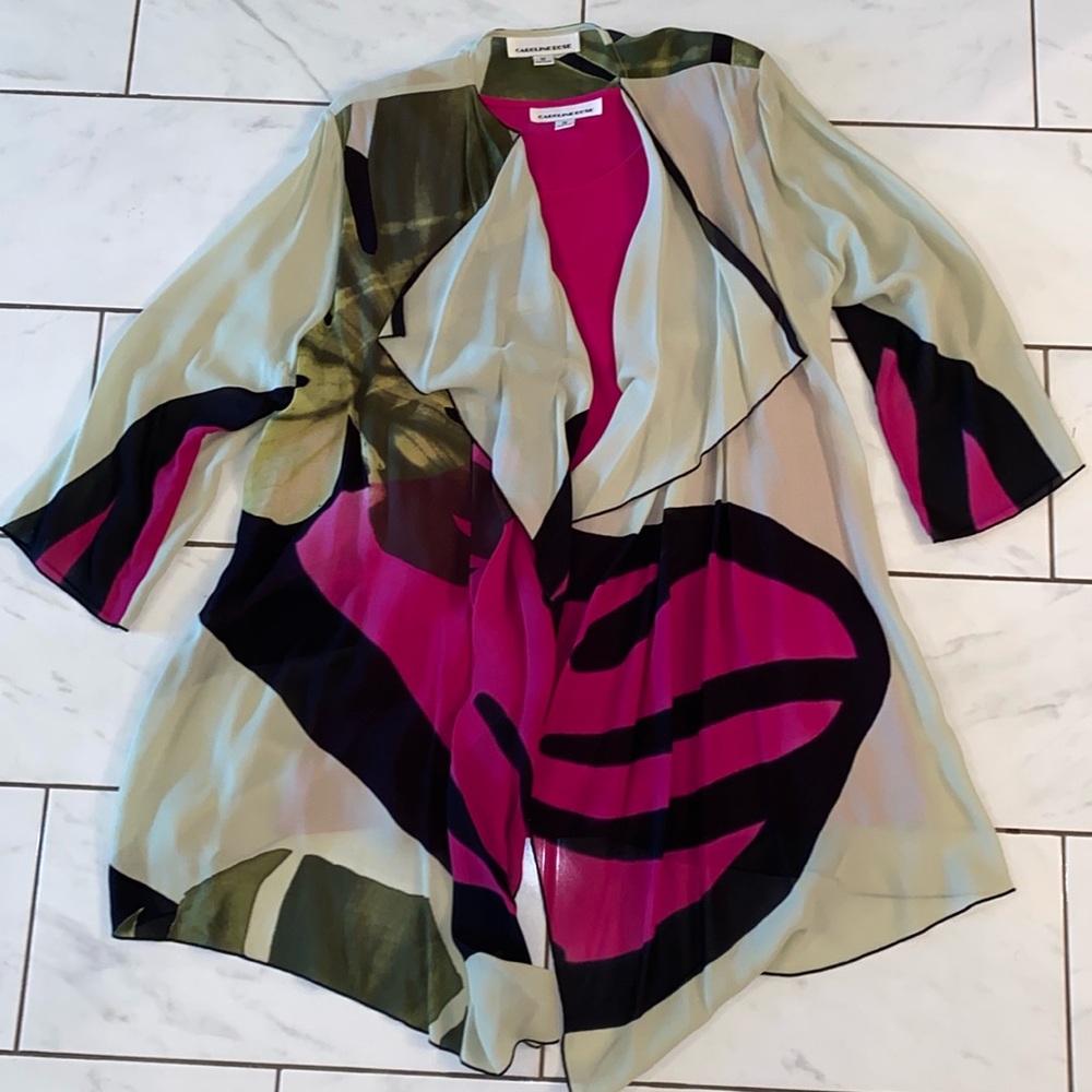 CAROLINE ROSE printed light weight print jacket and sleeveless pink tank